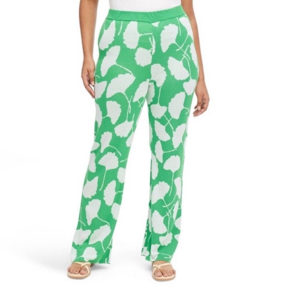 Diane Von Furstenberg Target High Waisted Ginkgo Green Flare Knit Pants Size XXL